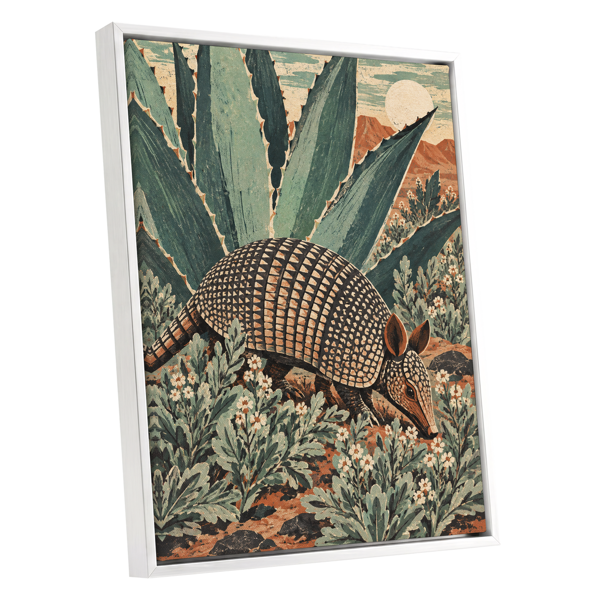 Armadillo Among Agaves, green, beige, brown nature wall art shown as a white framed canvas wall art