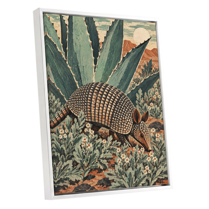 Armadillo Among Agaves, green, beige, brown nature wall art shown as a white framed canvas wall art