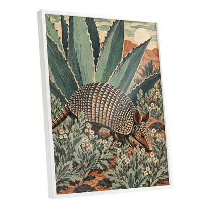 Armadillo Among Agaves, green, beige, brown nature wall art shown as a white framed poster wall art print