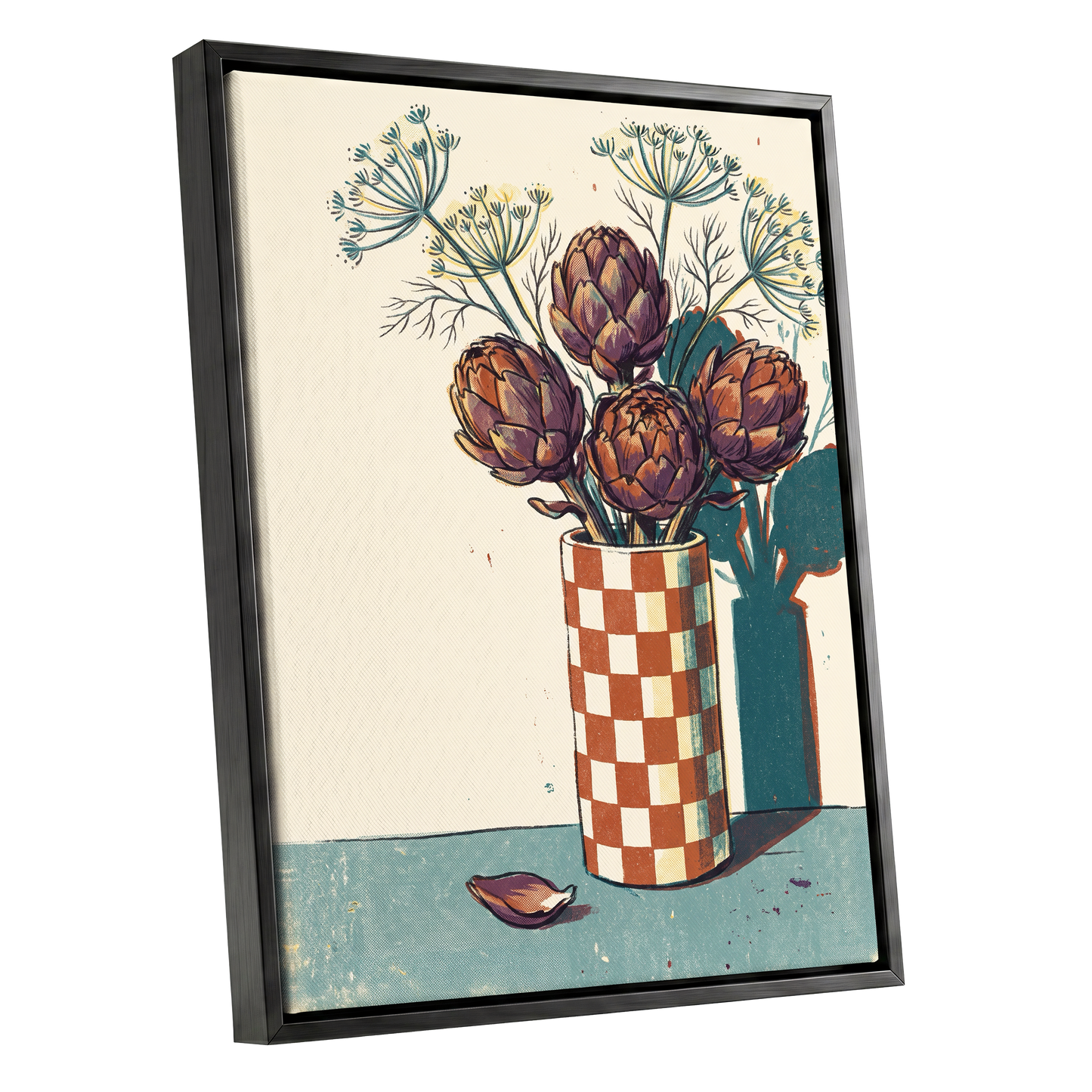 Artichoke Check, beige, brown, green floral wall art shown as a black framed canvas wall art