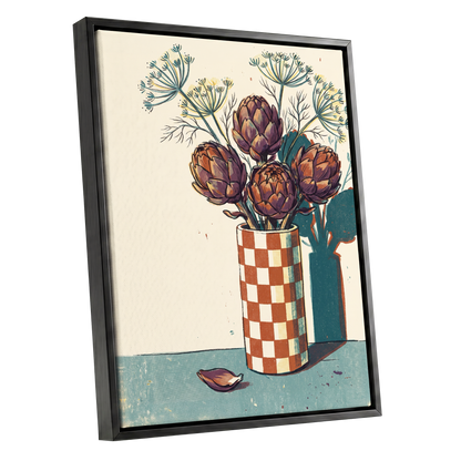 Artichoke Check, beige, brown, green floral wall art shown as a black framed canvas wall art