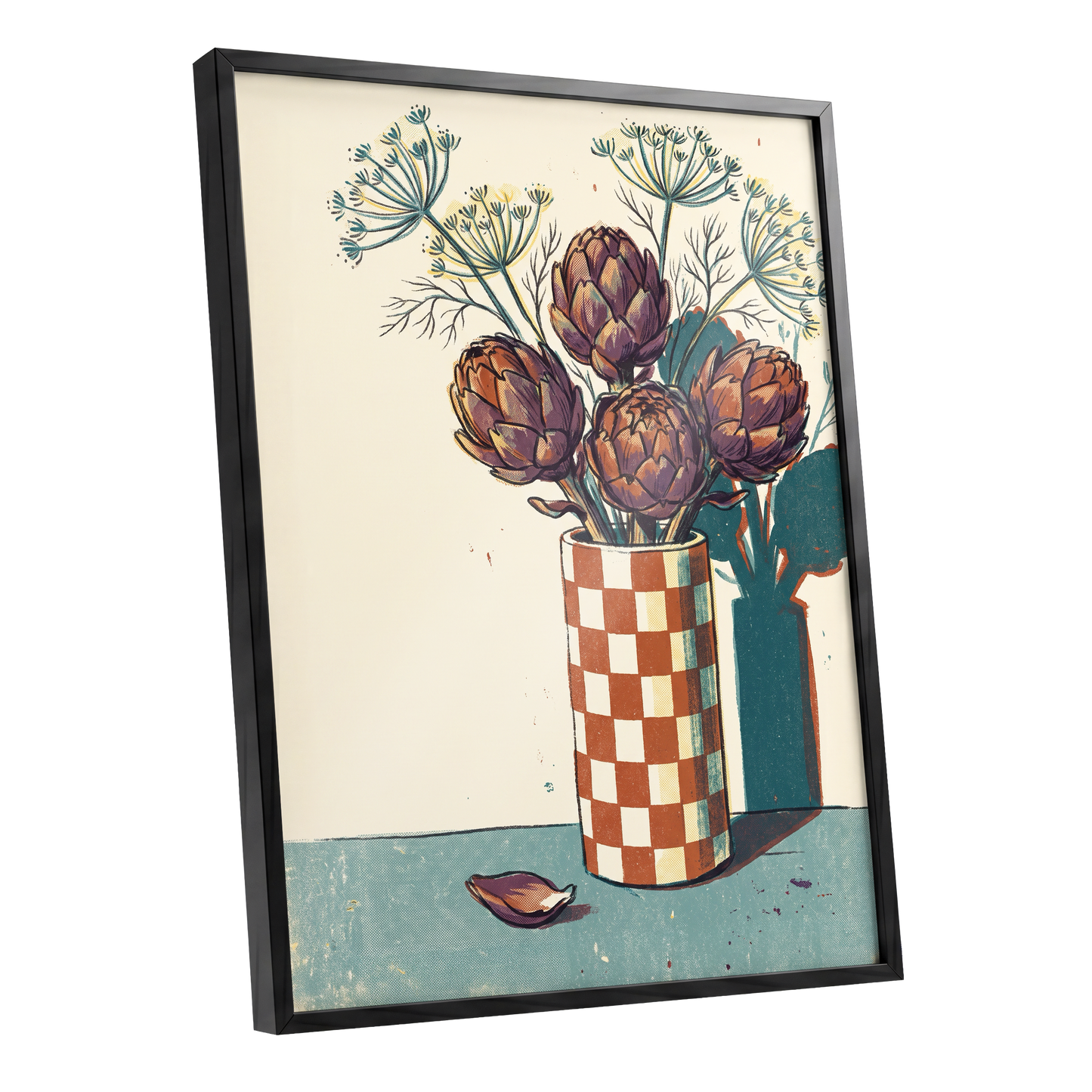 Artichoke Check, beige, brown, green floral wall art shown as a black framed poster wall art print