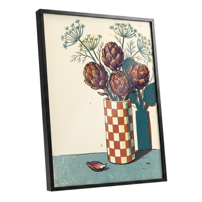 Artichoke Check, beige, brown, green floral wall art shown as a black framed poster wall art print