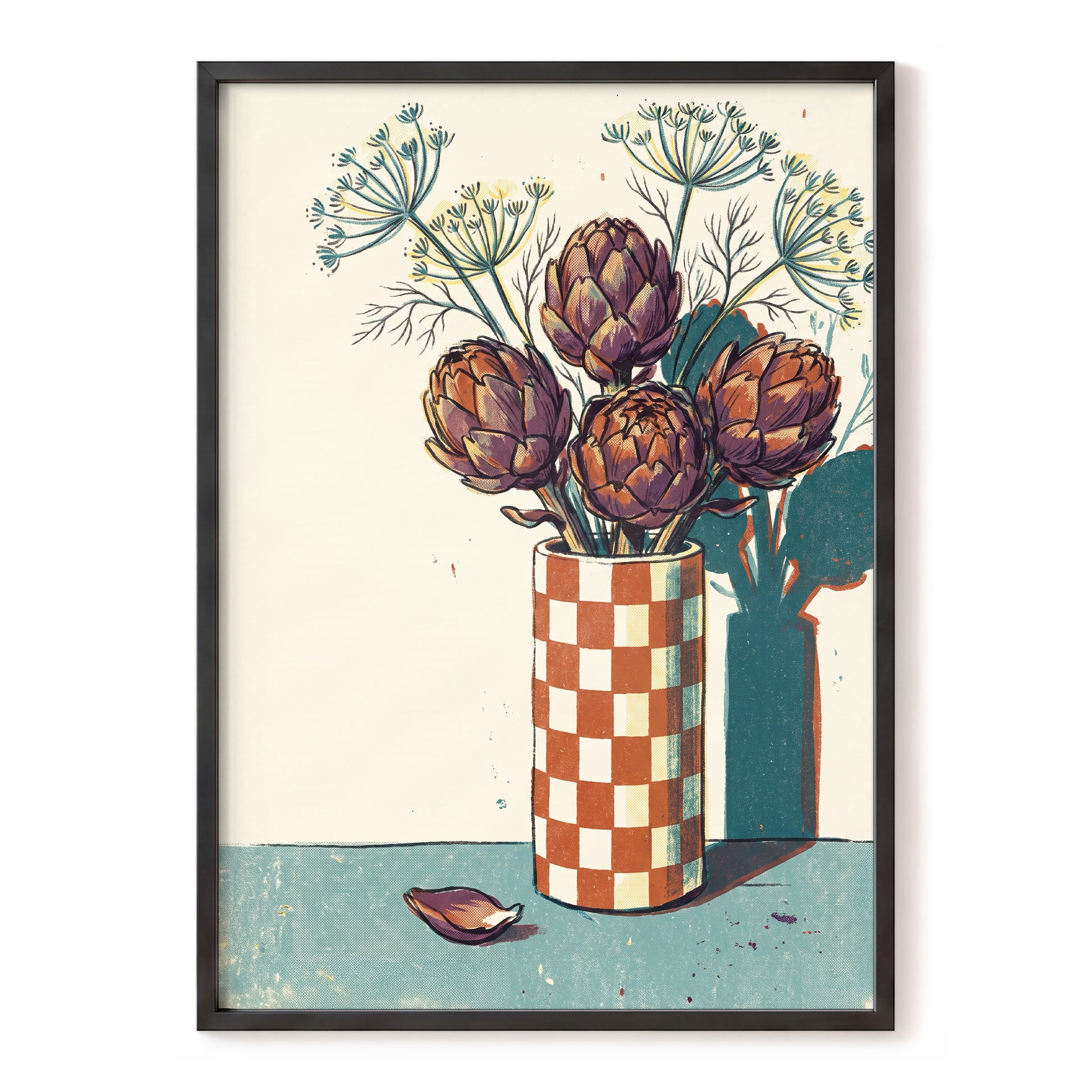 Artichoke Check, beige, brown, green floral wall art, front artwork view