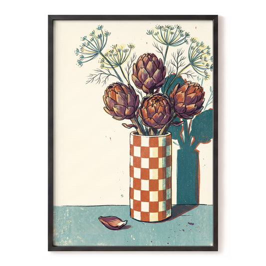 Artichoke Check, beige, brown, green floral wall art, front artwork view