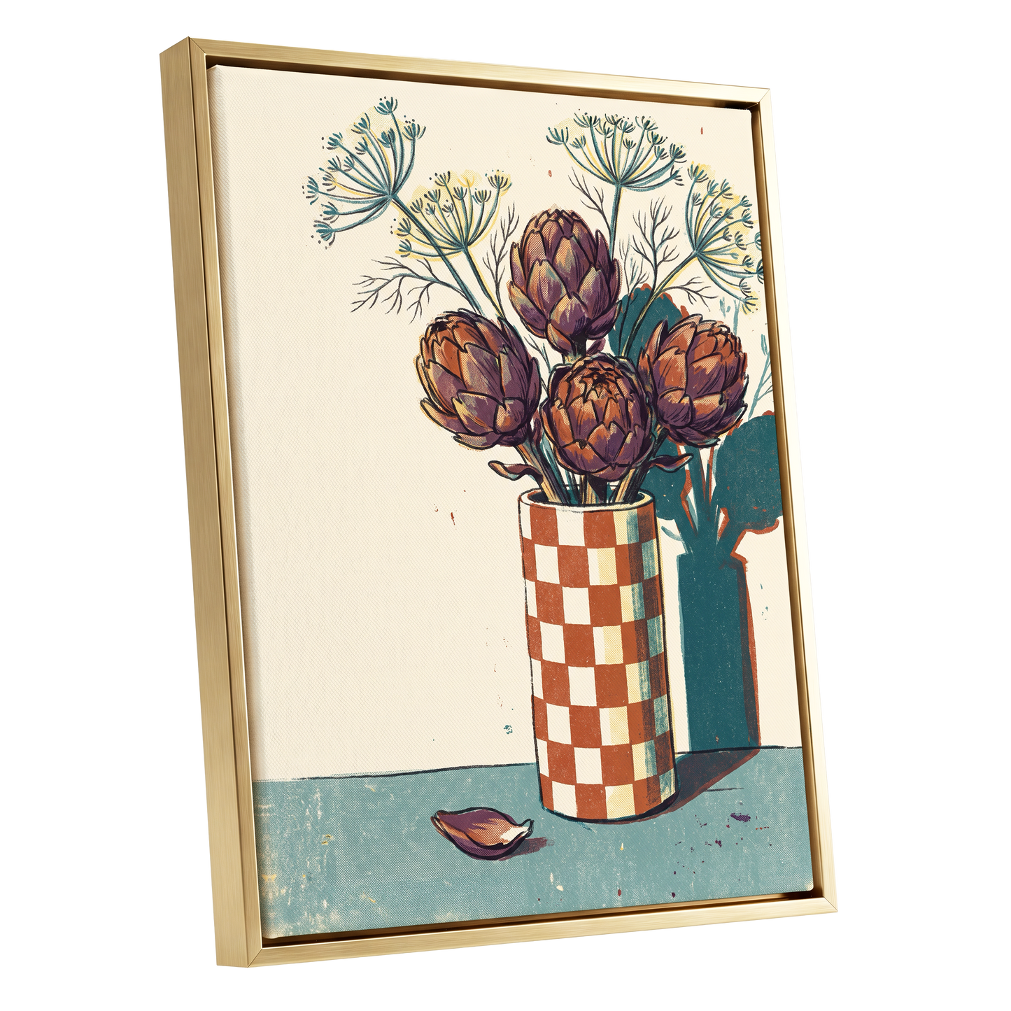 Artichoke Check, beige, brown, green floral wall art shown as a gold framed canvas wall art