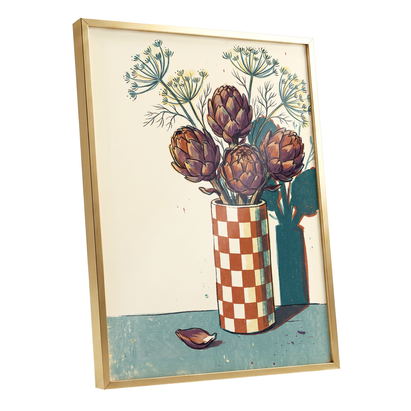 Artichoke Check, beige, brown, green floral wall art shown as a gold framed poster wall art print