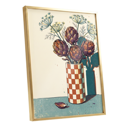 Artichoke Check, beige, brown, green floral wall art shown as a gold framed poster wall art print