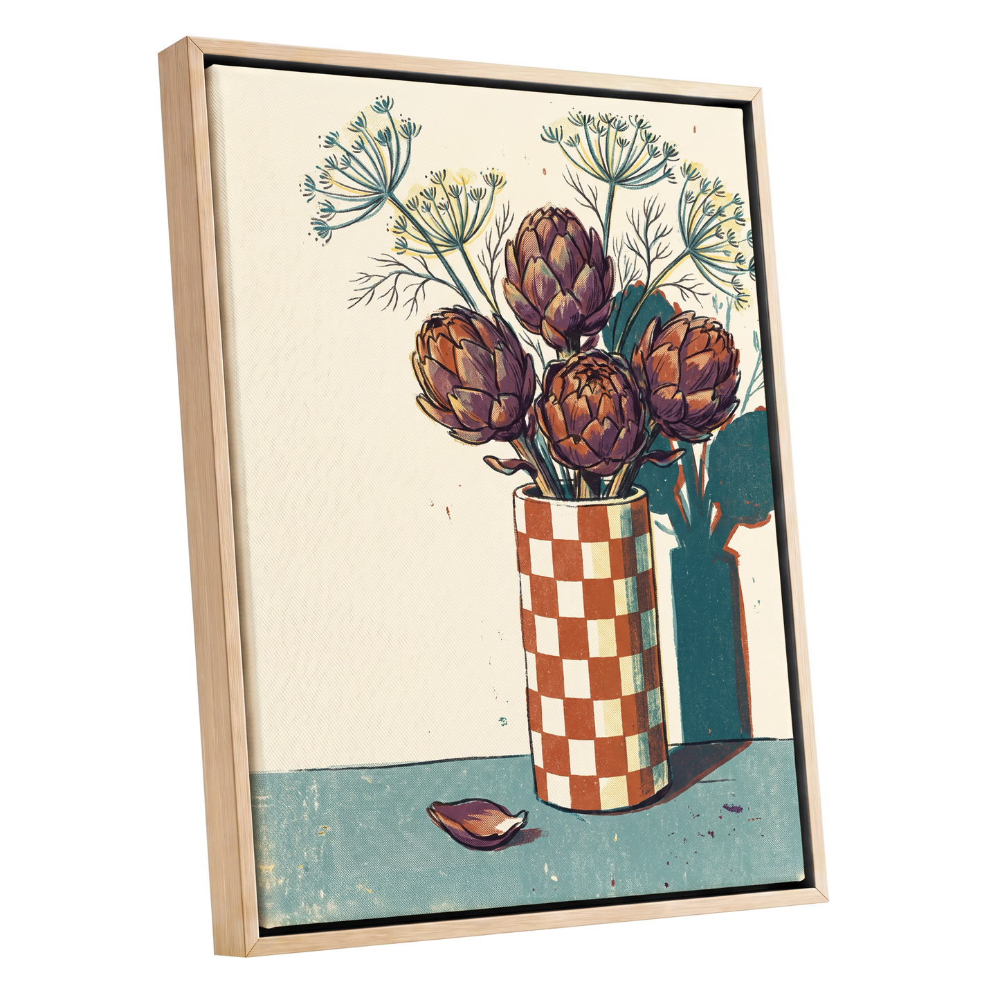 Artichoke Check, beige, brown, green floral wall art shown as a oak framed canvas wall art