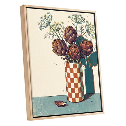 Artichoke Check, beige, brown, green floral wall art shown as a oak framed canvas wall art