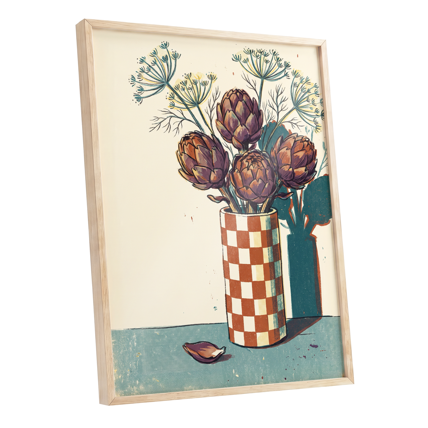 Artichoke Check, beige, brown, green floral wall art shown as a oak framed poster wall art print