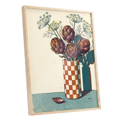 Artichoke Check, beige, brown, green floral wall art shown as a oak framed poster wall art print