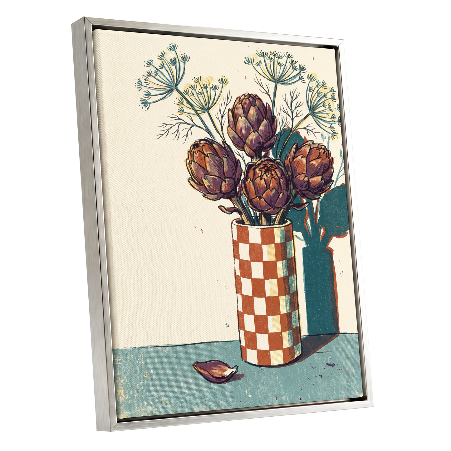 Artichoke Check, beige, brown, green floral wall art shown as a silver framed canvas wall art