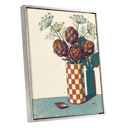 Artichoke Check, beige, brown, green floral wall art shown as a silver framed canvas wall art