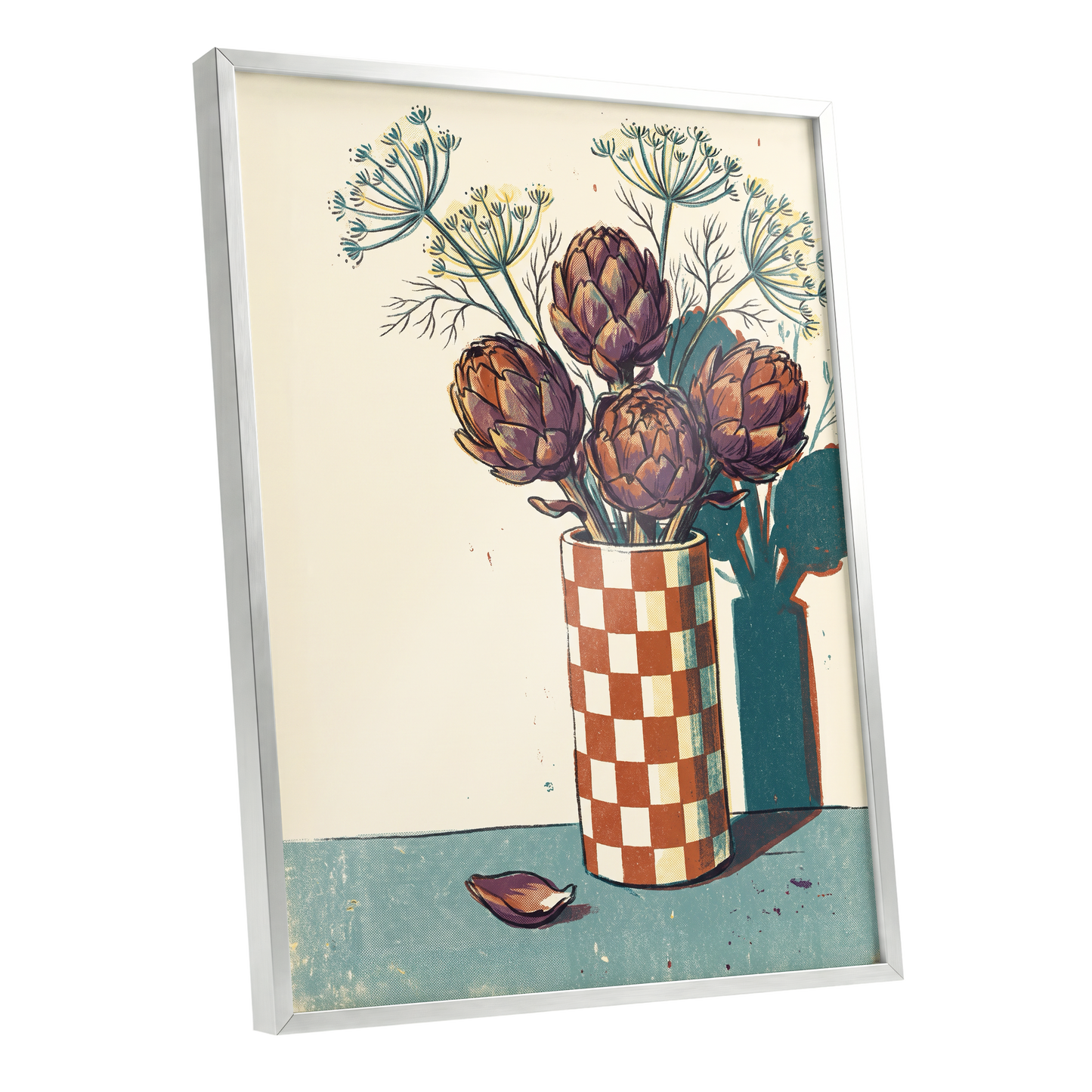Artichoke Check, beige, brown, green floral wall art shown as a silver framed poster wall art print