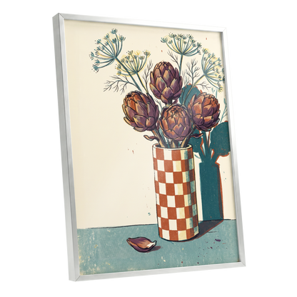Artichoke Check, beige, brown, green floral wall art shown as a silver framed poster wall art print