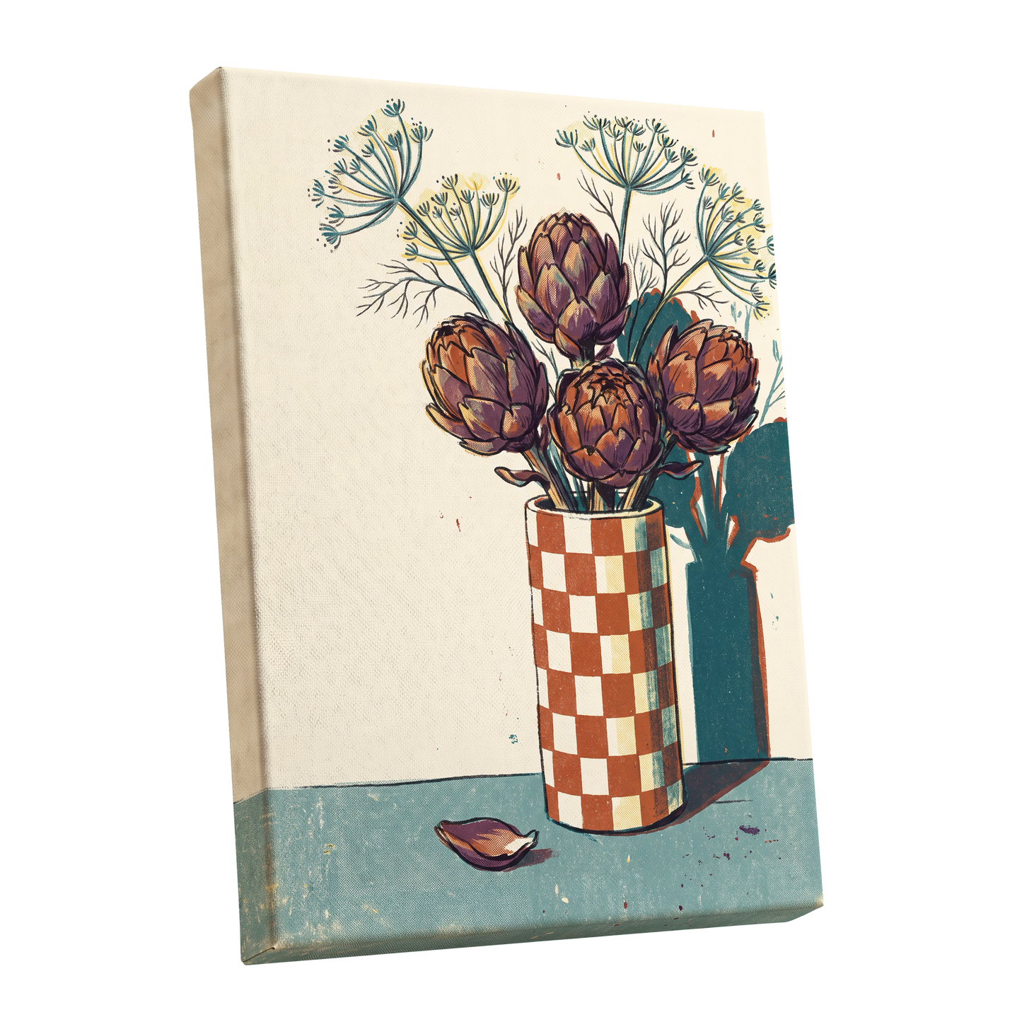 Artichoke Check, beige, brown, green floral wall art shown as a stretched canvas wall art
