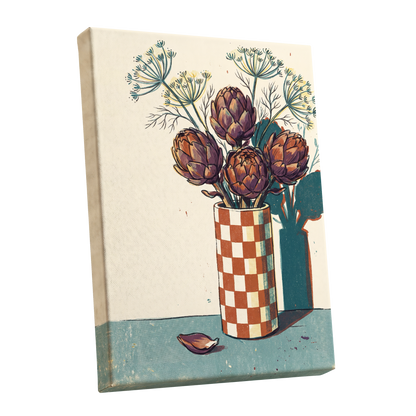 Artichoke Check, beige, brown, green floral wall art shown as a stretched canvas wall art