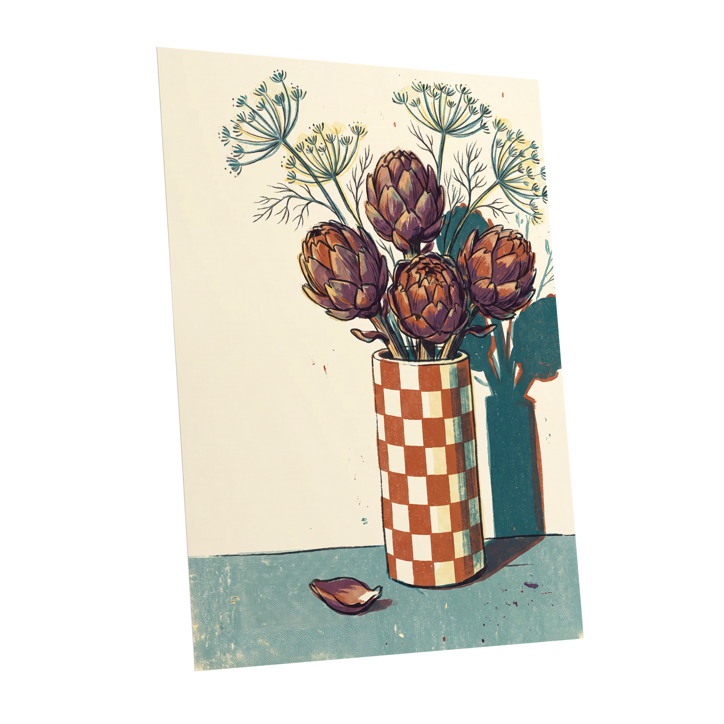 Artichoke Check, beige, brown, green floral wall art shown as a unframed poster wall art print