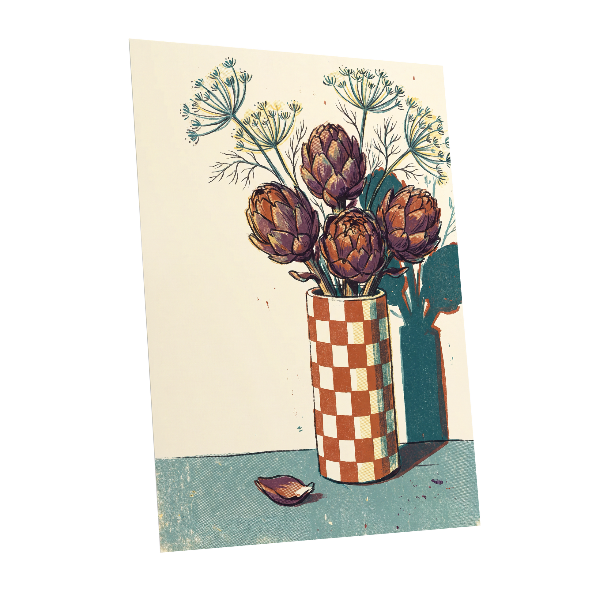 Artichoke Check, beige, brown, green floral wall art shown as a unframed poster wall art print