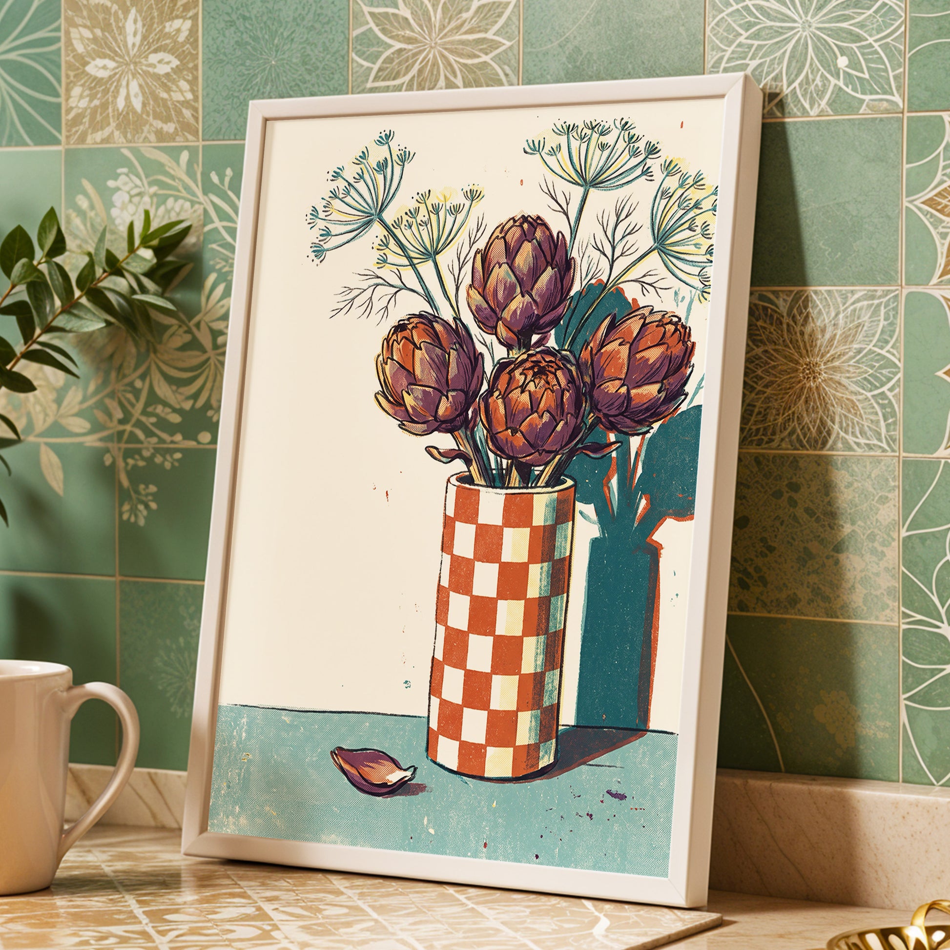 Artichoke Check, beige, brown, green floral wall art displayed in a styled interior, gallery view 2