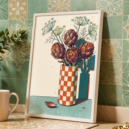 Artichoke Check, beige, brown, green floral wall art displayed in a styled interior, gallery view 2