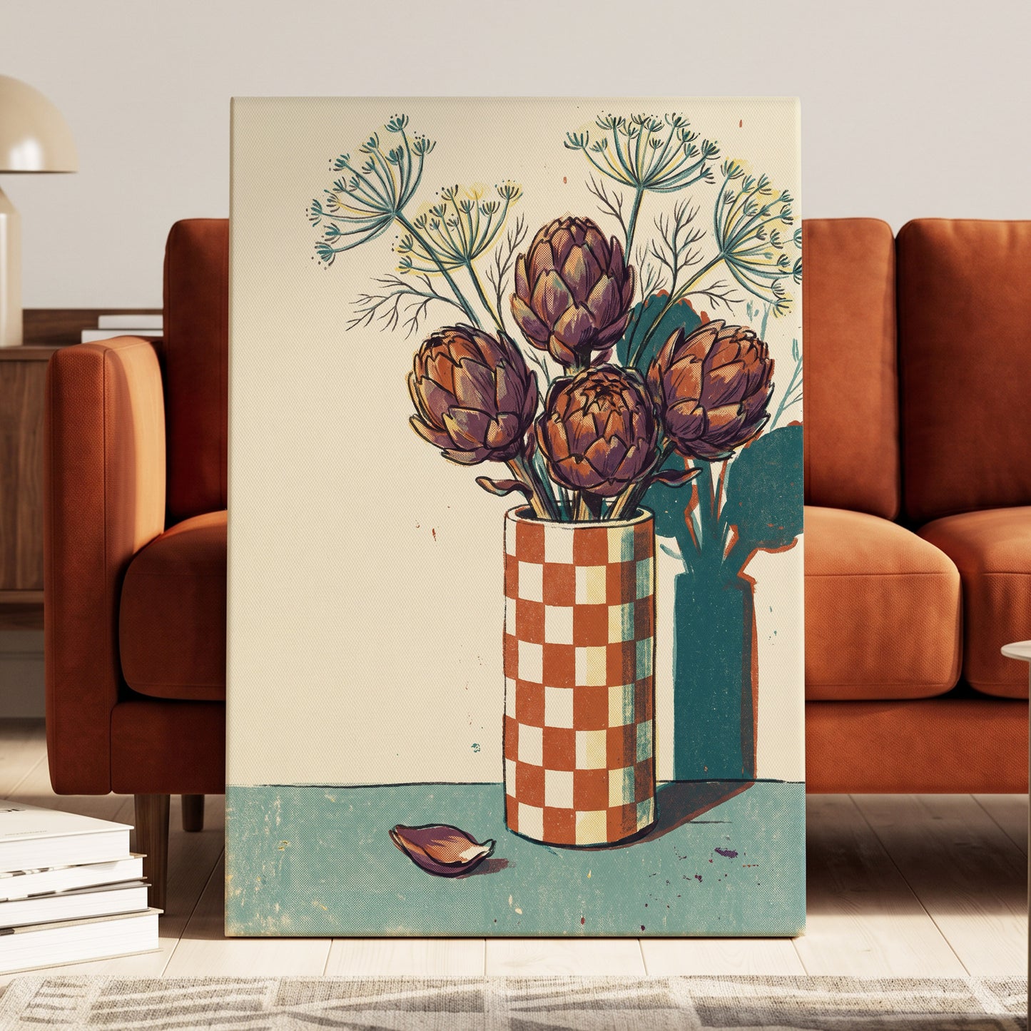Artichoke Check, beige, brown, green floral wall art displayed in a styled interior, gallery view 3