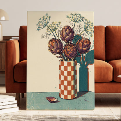 Artichoke Check, beige, brown, green floral wall art displayed in a styled interior, gallery view 3