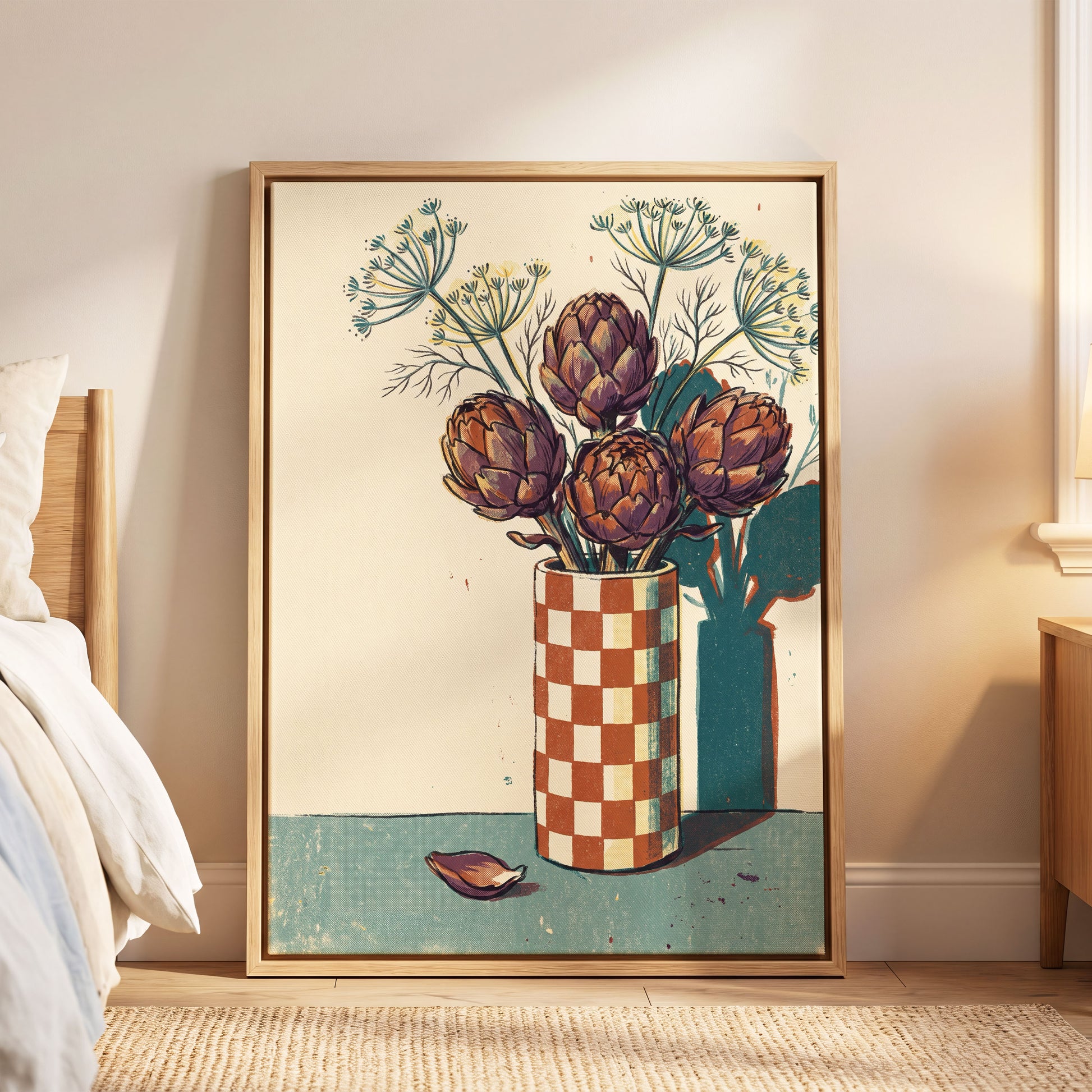Artichoke Check, beige, brown, green floral wall art displayed in a styled interior, gallery view 4