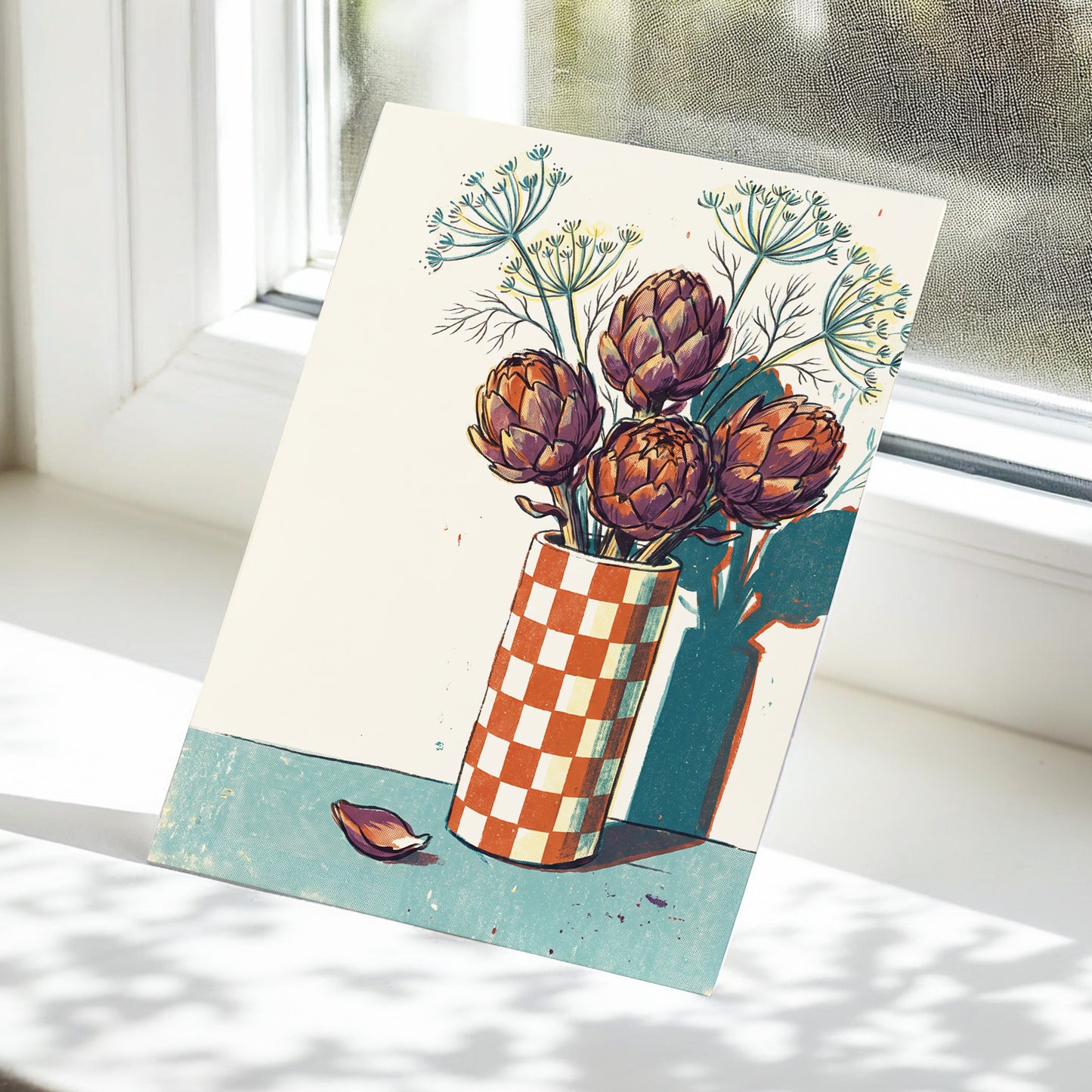 Artichoke Check, beige, brown, green floral wall art displayed in a styled interior, gallery view 5