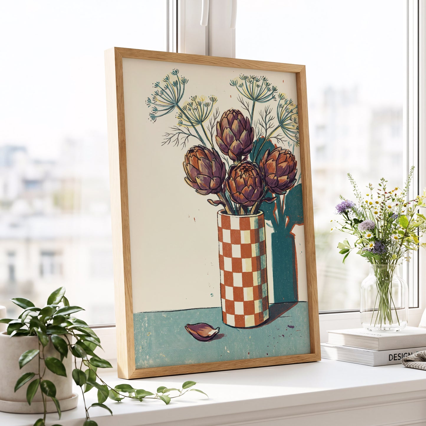 Artichoke Check, beige, brown, green floral wall art displayed in a styled interior, gallery view 6