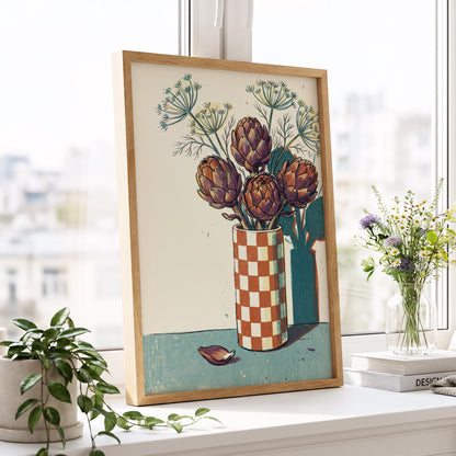 Artichoke Check, beige, brown, green floral wall art displayed in a styled interior, gallery view 6