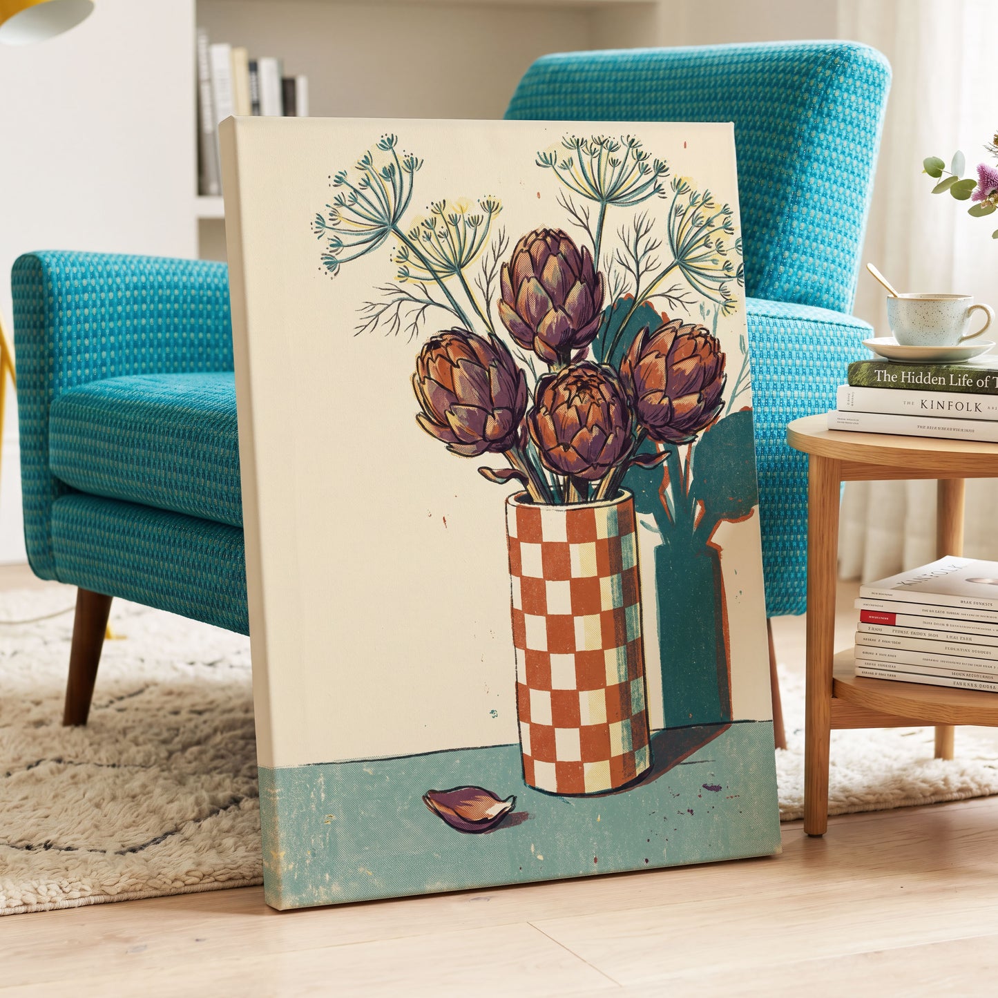 Artichoke Check, beige, brown, green floral wall art displayed in a styled interior, gallery view 7
