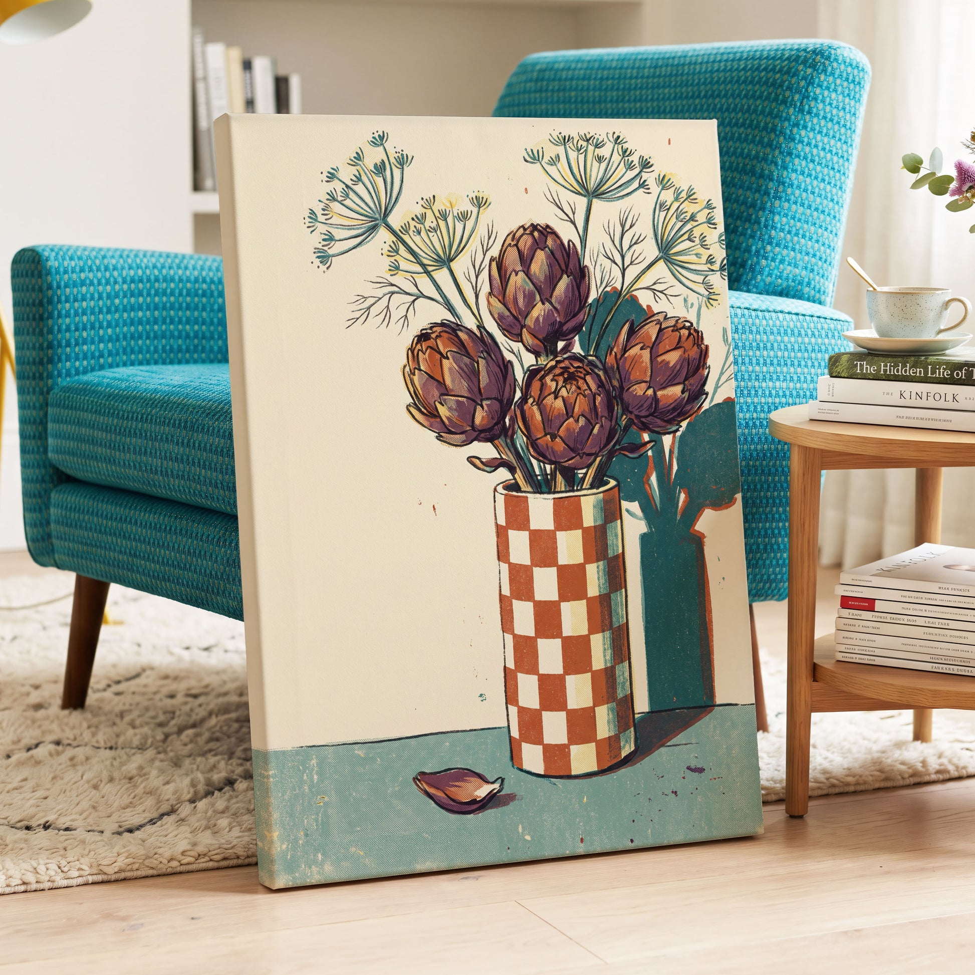 Artichoke Check, beige, brown, green floral wall art displayed in a styled interior, gallery view 7