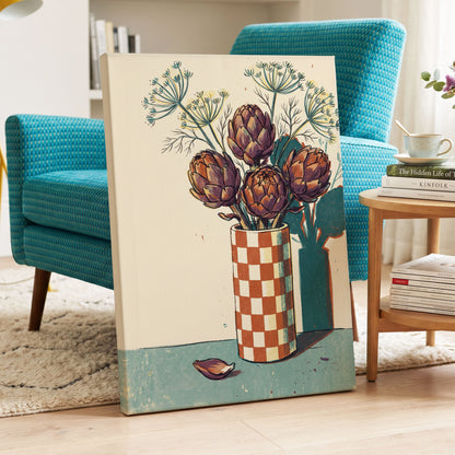 Artichoke Check, beige, brown, green floral wall art displayed in a styled interior, gallery view 7