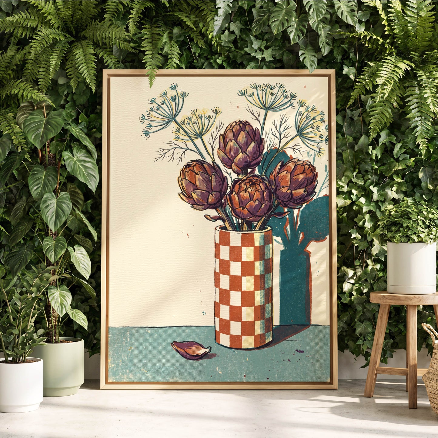 Artichoke Check, beige, brown, green floral wall art displayed in a styled interior, gallery view 8