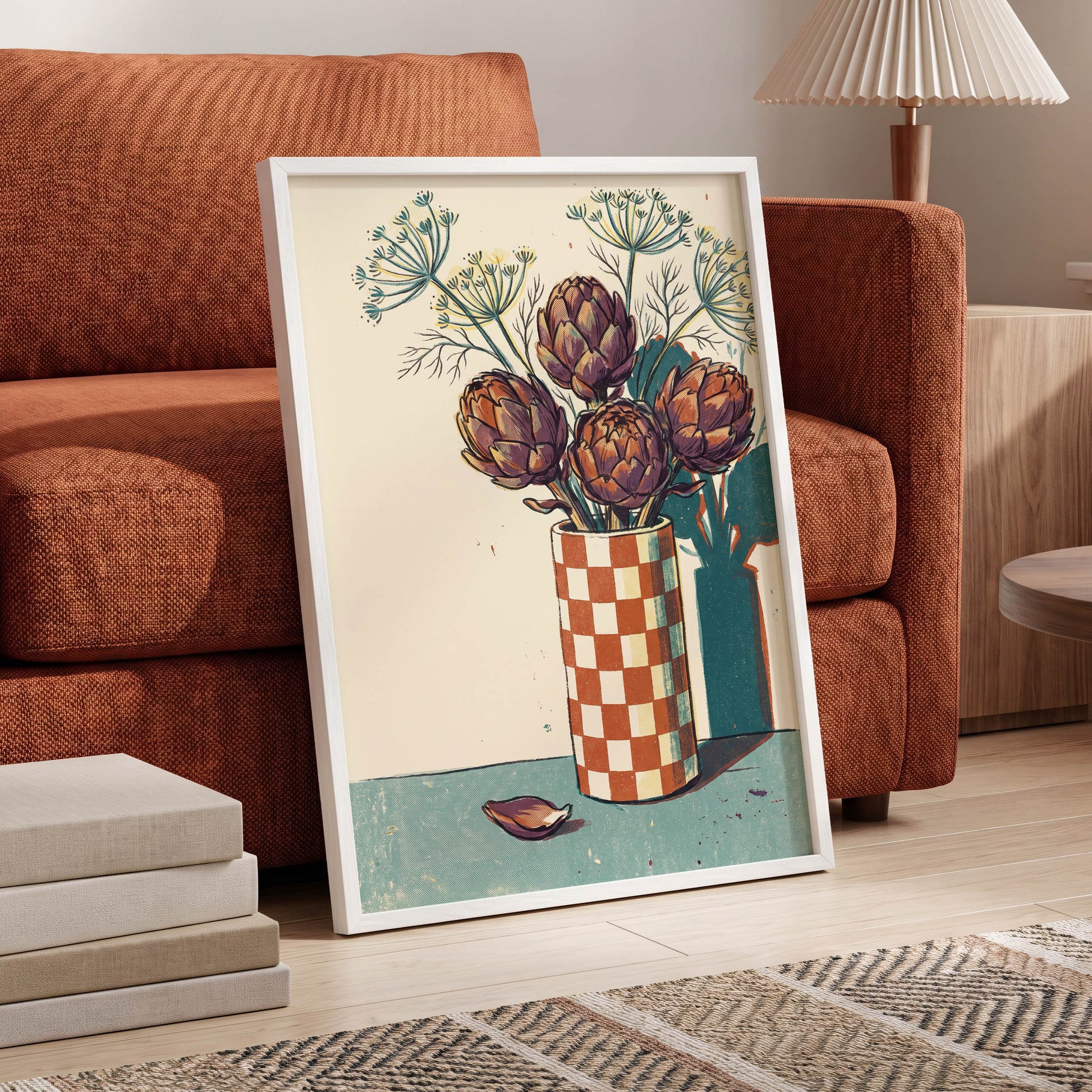 Artichoke Check, beige, brown, green floral wall art displayed in a styled interior, gallery view 9