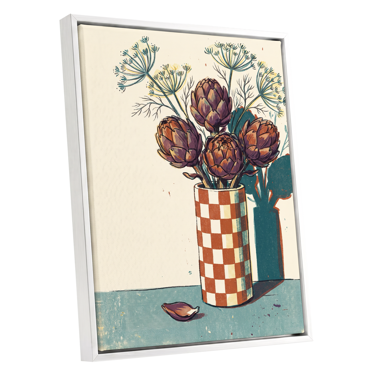 Artichoke Check, beige, brown, green floral wall art shown as a white framed canvas wall art