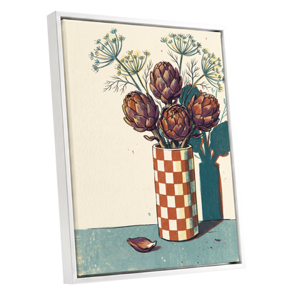 Artichoke Check, beige, brown, green floral wall art shown as a white framed canvas wall art
