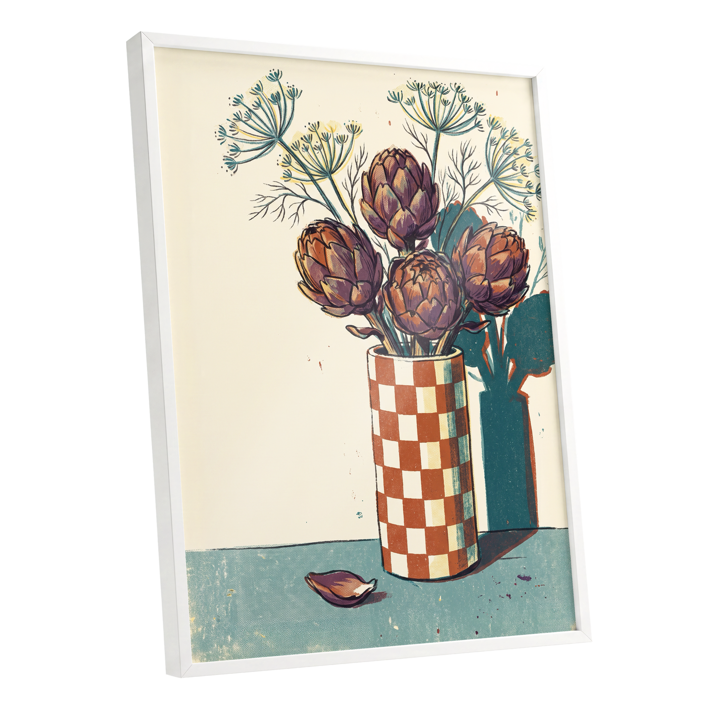 Artichoke Check, beige, brown, green floral wall art shown as a white framed poster wall art print