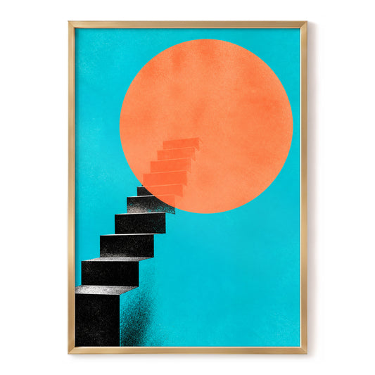 Ascendant Circle, black, blue, orange minimalist wall art, front artwork view