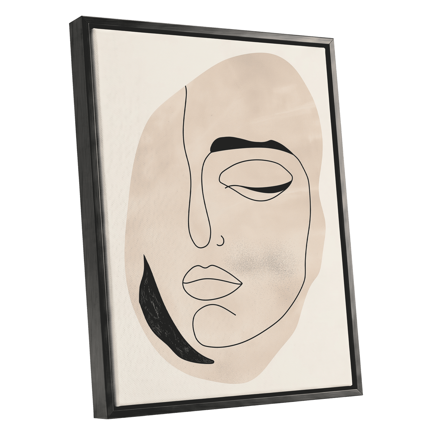 Asymmetric Gaze, black, beige, white minimalist wall art shown as a black framed canvas wall art