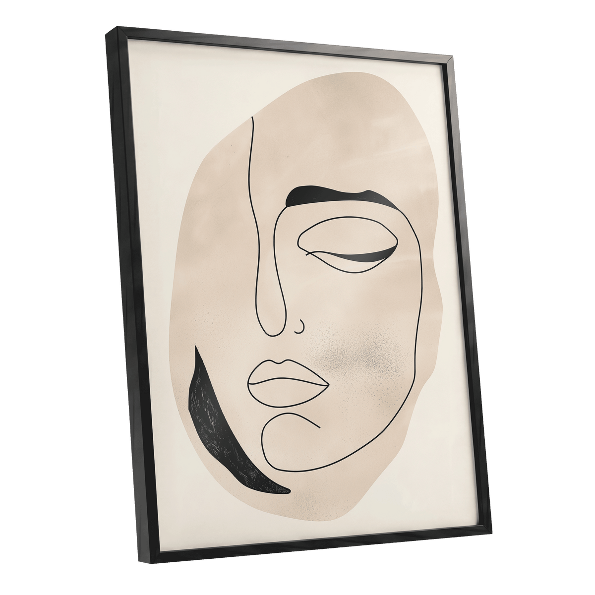 Asymmetric Gaze, black, beige, white minimalist wall art shown as a black framed poster wall art print