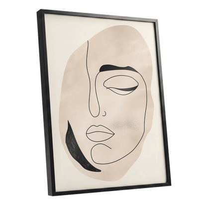 Asymmetric Gaze, black, beige, white minimalist wall art shown as a black framed poster wall art print
