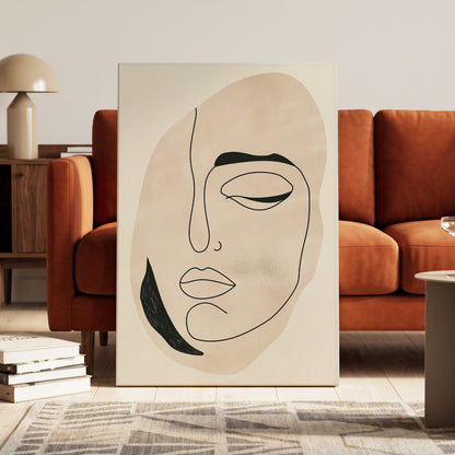 Asymmetric Gaze, black, beige, white minimalist wall art on canvas displayed in a styled interior, gallery view 1