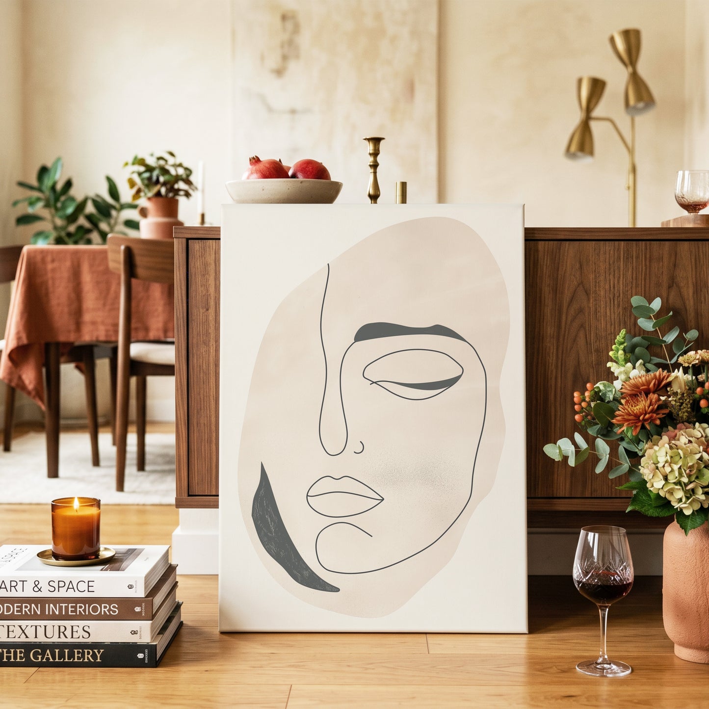Asymmetric Gaze, black, beige, white minimalist wall art on canvas displayed in a styled interior, gallery view 2