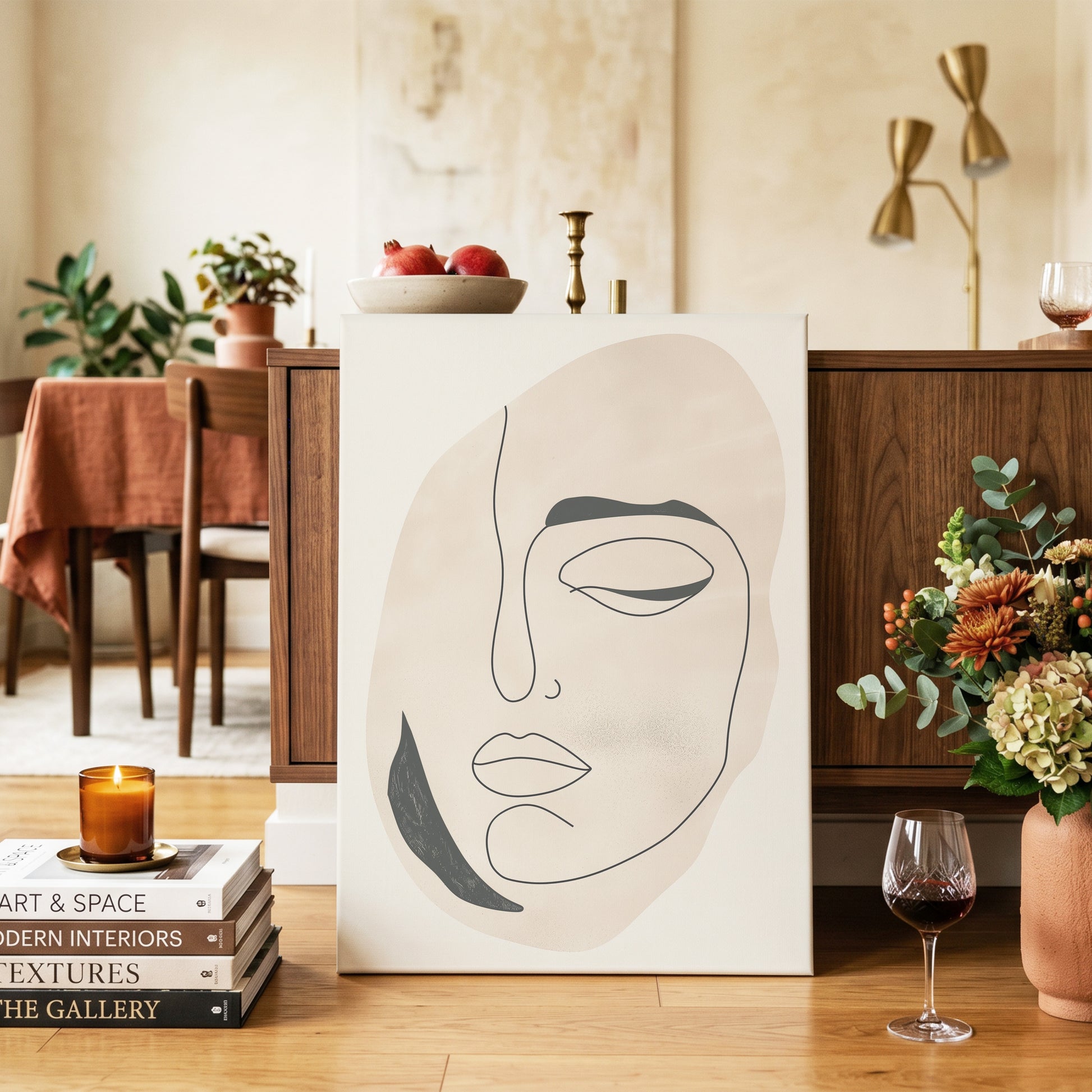 Asymmetric Gaze, black, beige, white minimalist wall art on canvas displayed in a styled interior, gallery view 2