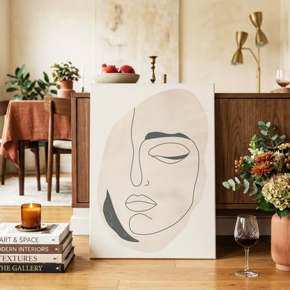 Asymmetric Gaze, black, beige, white minimalist wall art on canvas displayed in a styled interior, gallery view 2