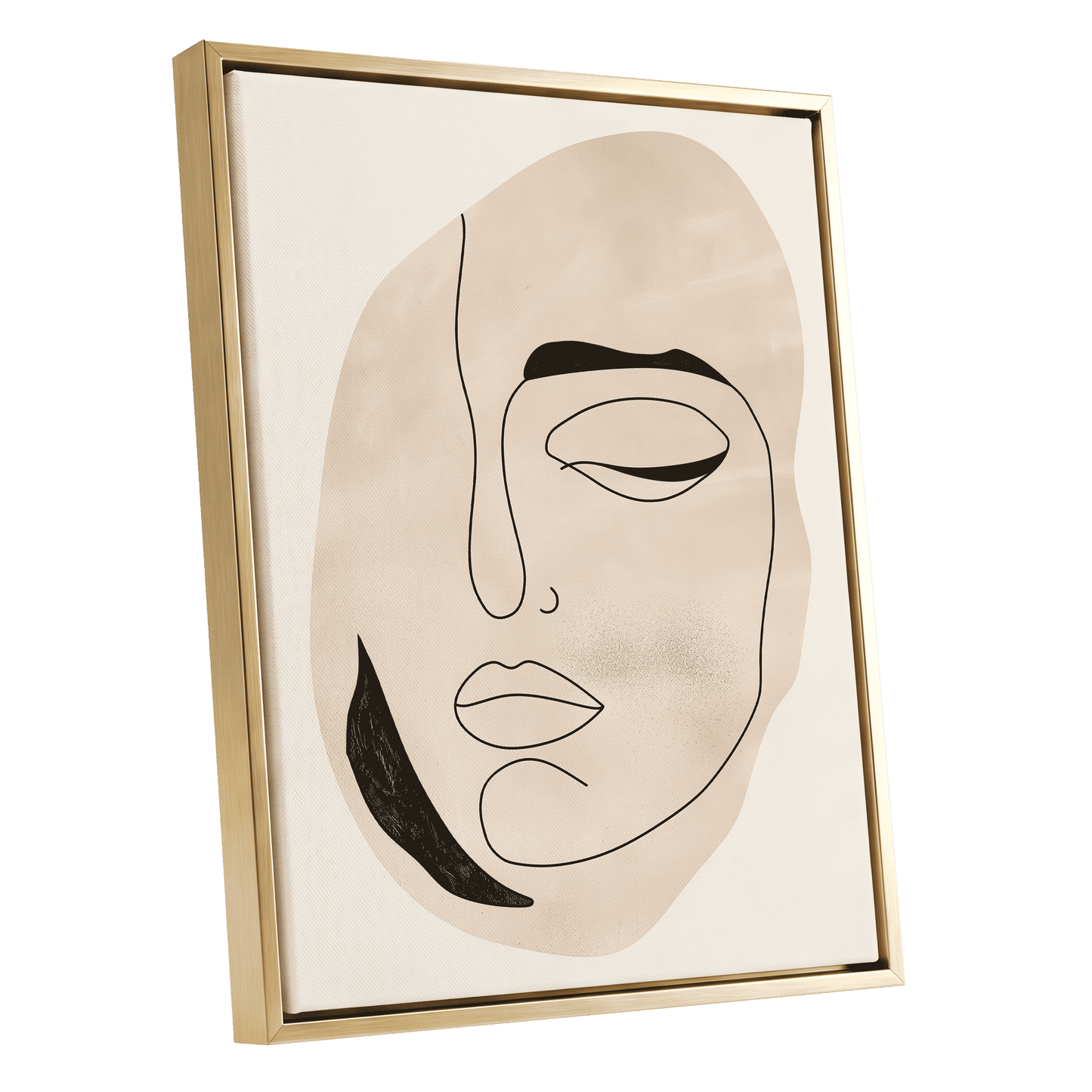 Asymmetric Gaze, black, beige, white minimalist wall art shown as a gold framed canvas wall art