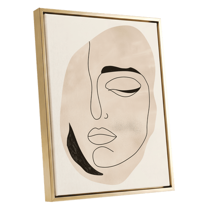 Asymmetric Gaze, black, beige, white minimalist wall art shown as a gold framed canvas wall art